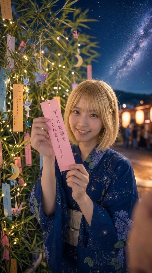 A young Japanese woman with blonde hair, wearing a blue yukata, holds a pink tanzaku (wish paper) under a starry night sky with a Milky Way visible, decorated bamboo branches with lights and origami cranes.