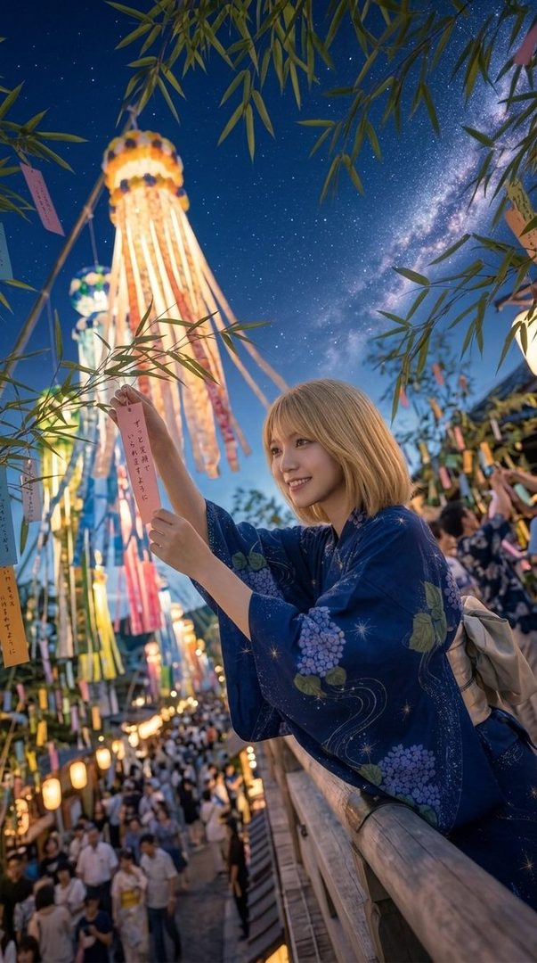 A young woman with blonde hair wearing a blue yukata with floral patterns, holding a pink tanzaku (wish paper) at a Japanese Tanabata festival at night.