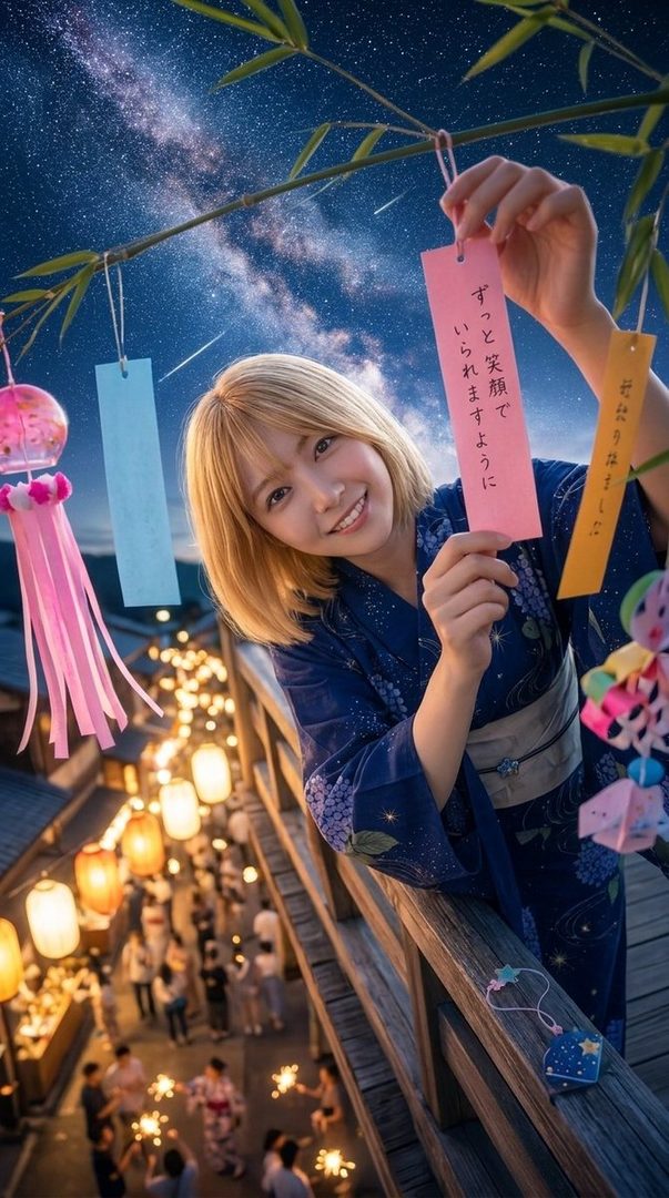 A young woman with blonde hair wearing a blue yukata smiles while holding a pink tanzaku (wish paper) under a starry night sky with bamboo branches and traditional lanterns.