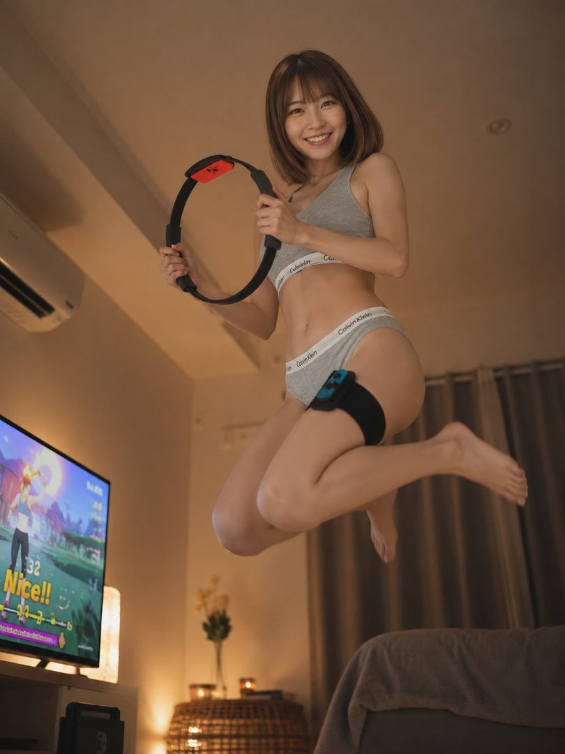 A young woman in athletic underwear jumps in the air while holding a fitness ring, playing a video game in her living room.