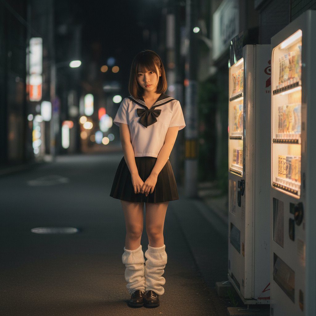 A young woman in a Japanese school uniform stands on a street at night, with vending machines to her right.