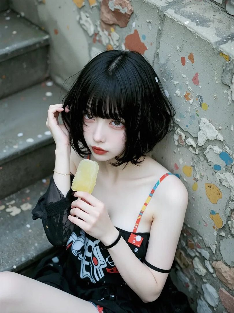 A young woman with short black hair and bangs, wearing a black dress, sits on steps holding a yellow popsicle.