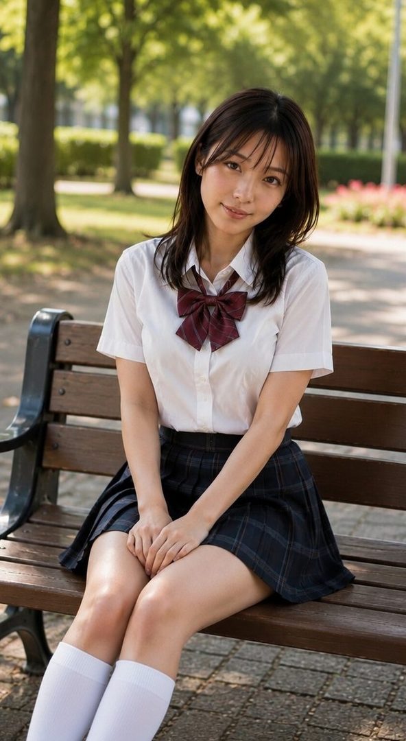 A young Japanese woman in a school uniform sits on a park bench, looking at the camera with a gentle smile.