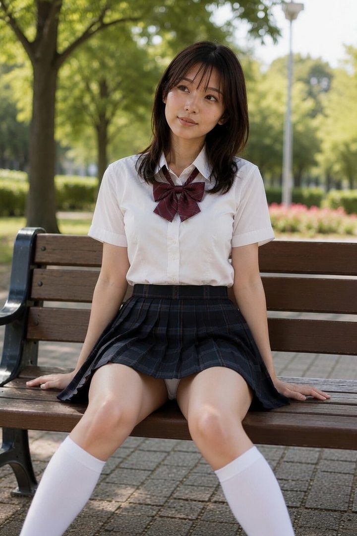 A young Japanese woman in a school uniform sits on a park bench, looking to the side with a gentle expression.