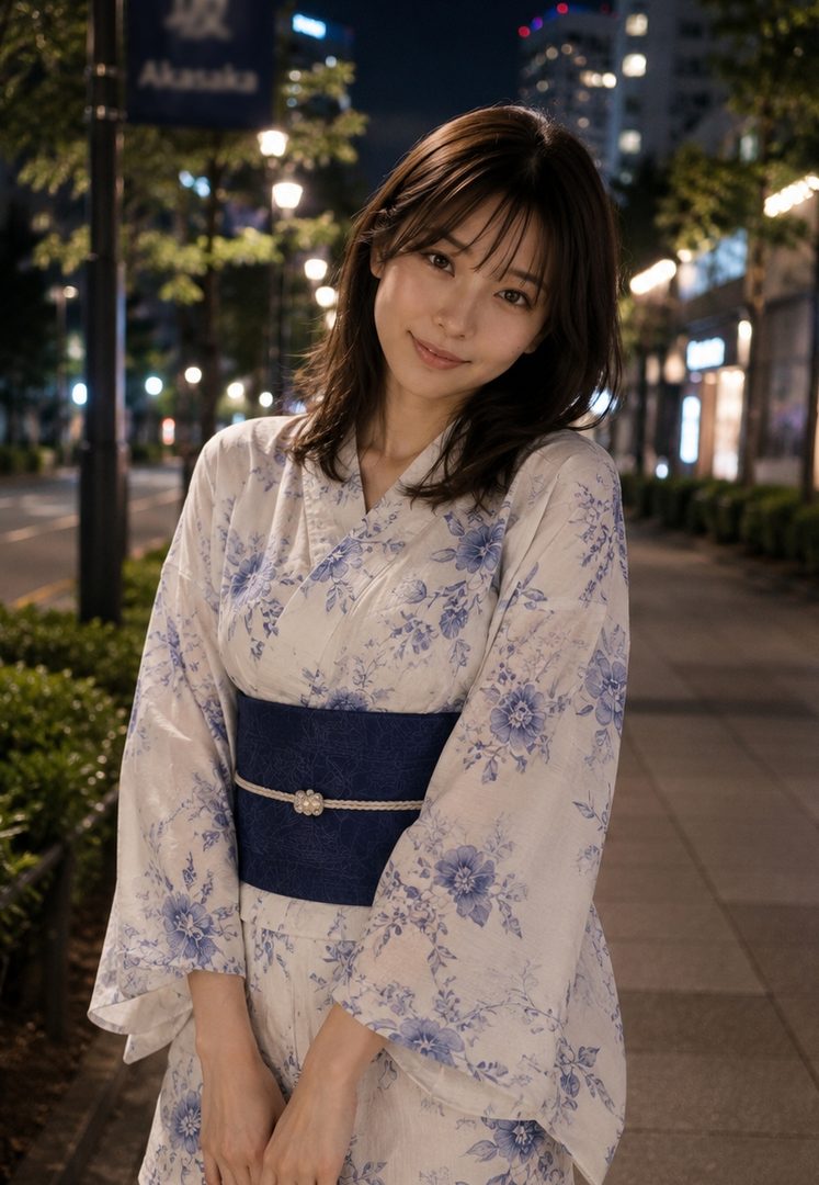 A young woman in a blue and white floral yukata smiles gently at the camera on a city street at night.
