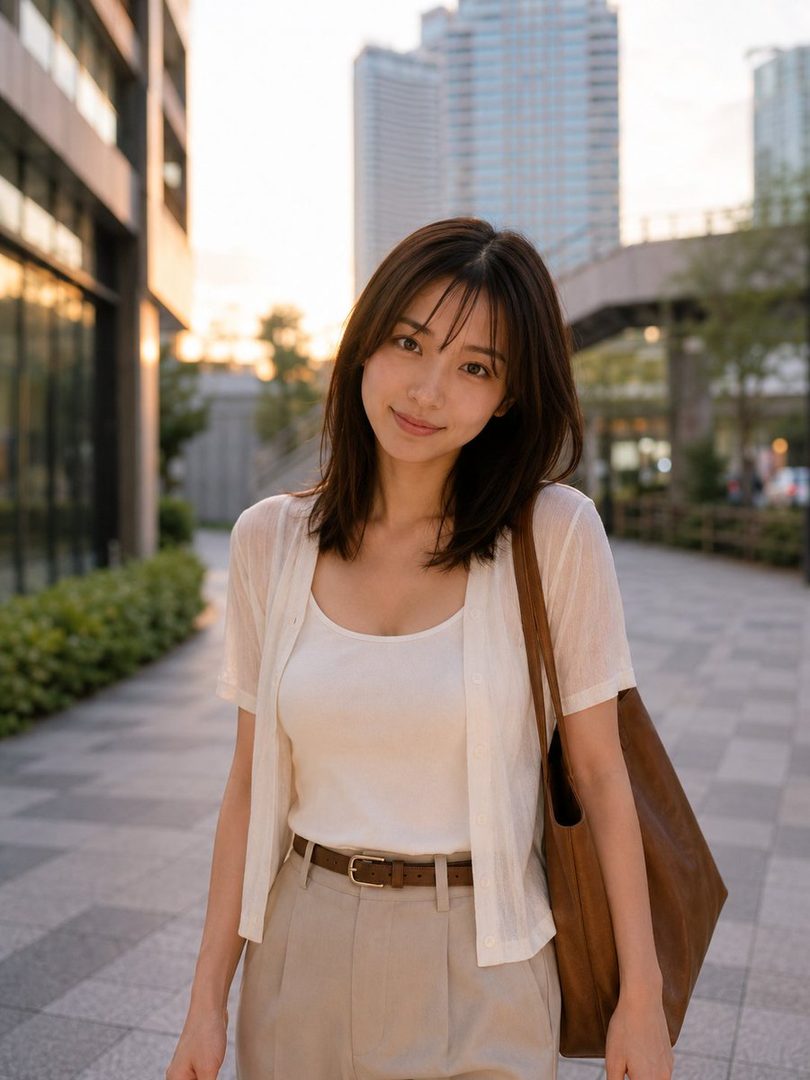 A young East Asian woman with long brown hair smiles gently while walking down a city street in the golden hour.