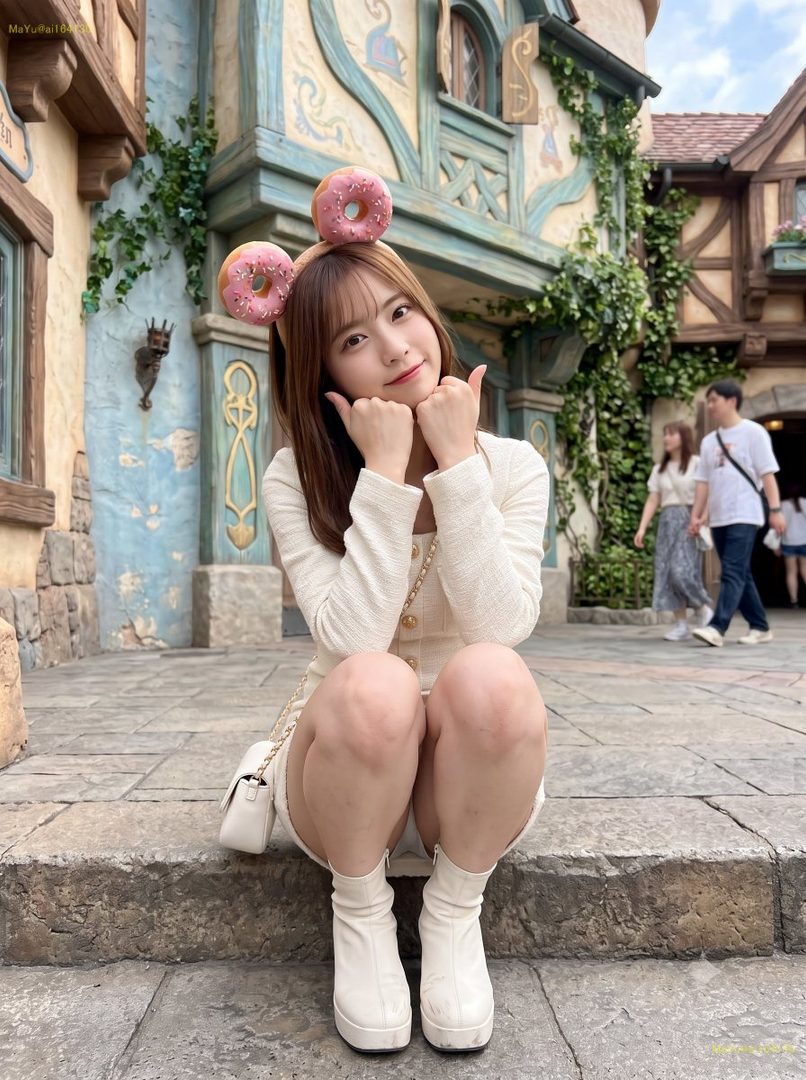 A young woman with brown hair and donut-shaped hair accessories poses playfully outdoors in front of a whimsical building.