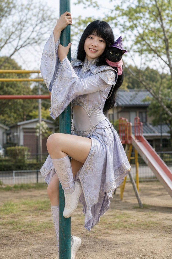 A young woman in a light purple, ornate costume with a black cat on her shoulder, posing on a pole in a park playground.