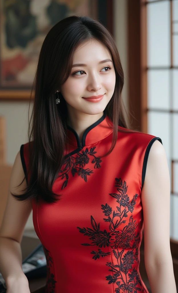 A beautiful East Asian woman with long brown hair, wearing a red sleeveless qipao with black floral embroidery, posing indoors.