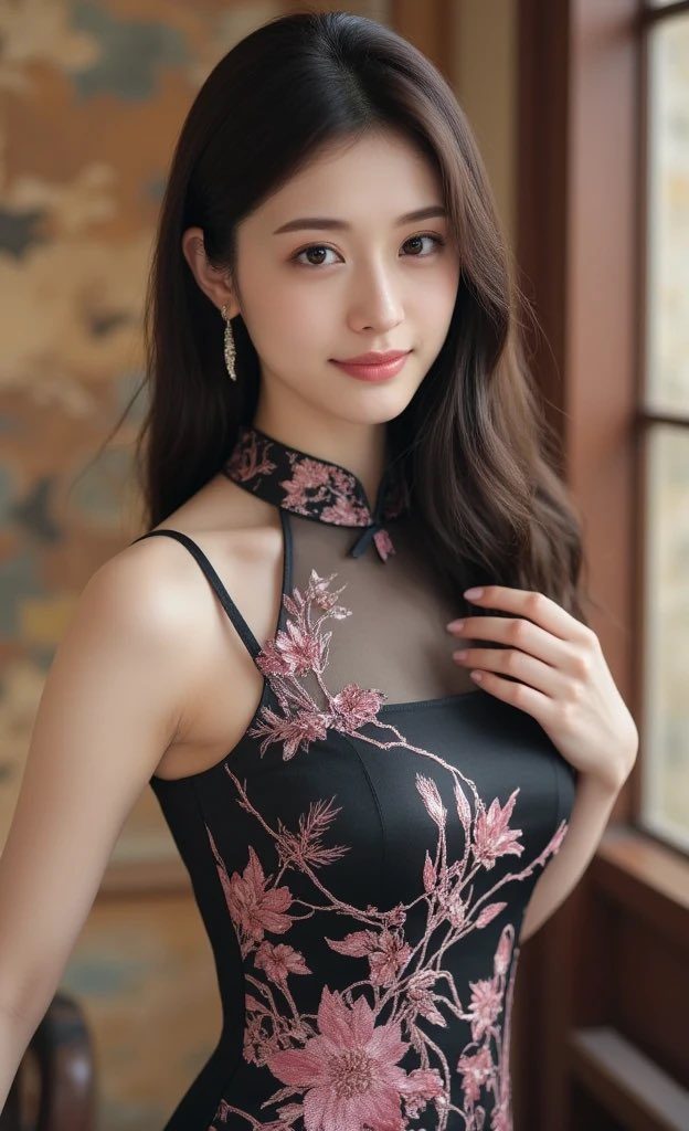 A beautiful East Asian woman with long, dark hair, wearing an elegant black dress with pink floral embroidery, posing indoors.