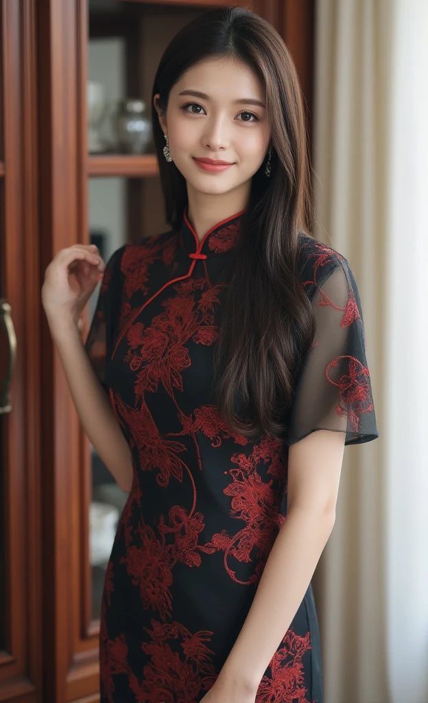 A beautiful East Asian woman with long dark hair, wearing a black and red floral cheongsam dress, posing indoors.