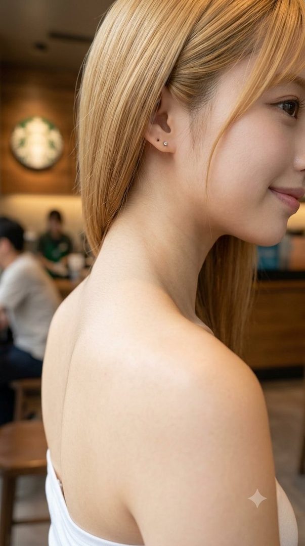 A young woman with blonde hair smiles gently, showing her neck and shoulder, in a cafe setting.