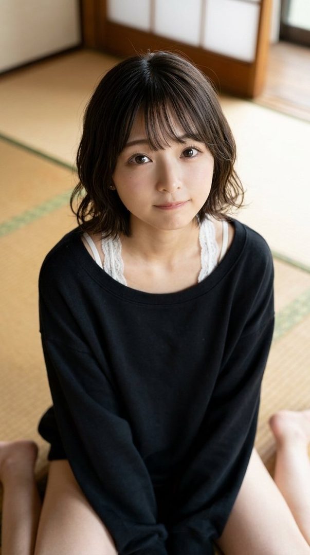 A young East Asian woman with short black hair and bangs, wearing a black sweater over a white lace camisole, sits indoors on a tatami mat.