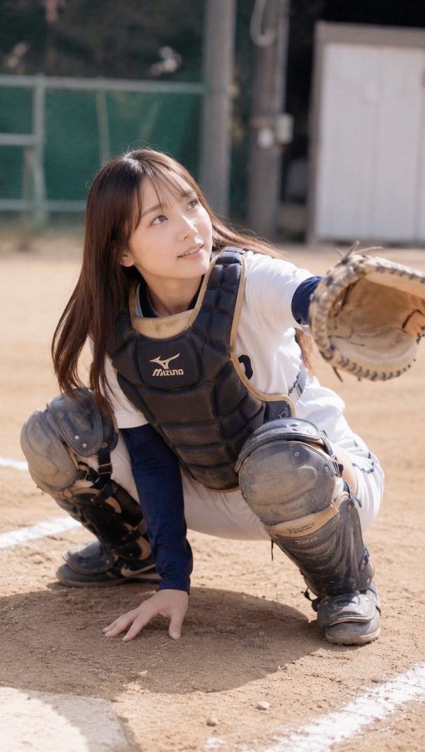 A young woman in catcher's gear crouches on a baseball field, looking up and to the side with a focused expression.