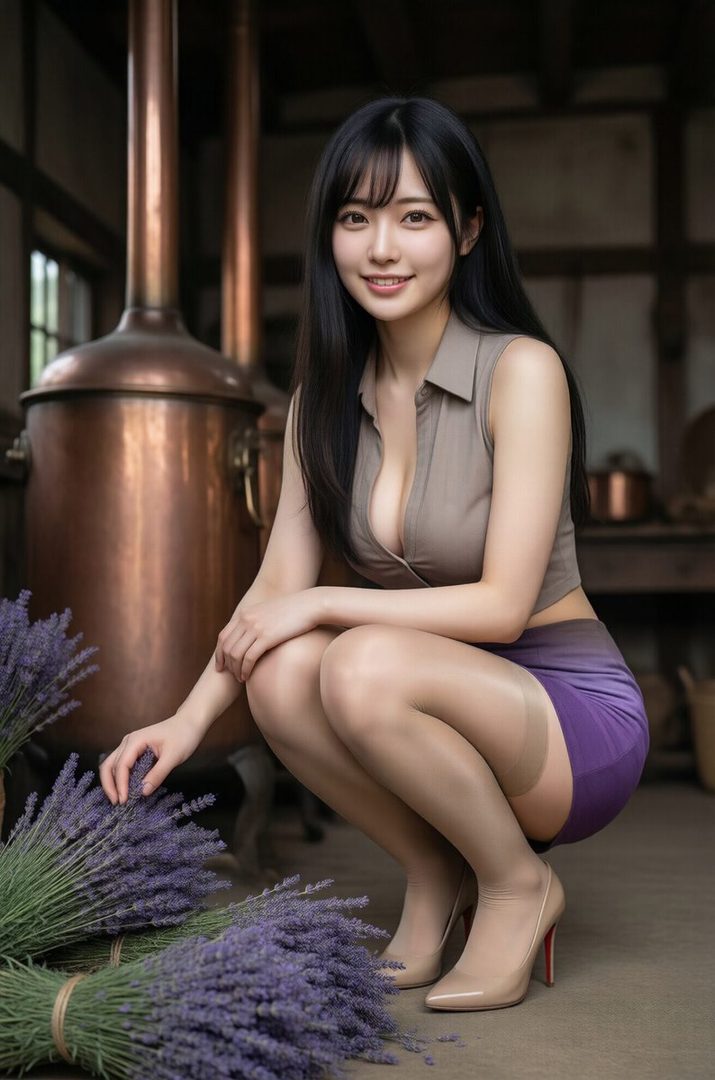 A young East Asian woman with long black hair, wearing a sleeveless top and a purple skirt, crouching in front of lavender bunches in an indoor setting with copper distillation equipment.