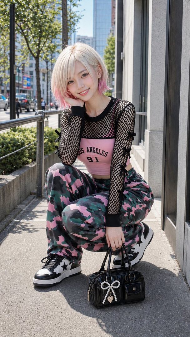 A young woman with blonde hair with pink tips, wearing a pink crop top with 'Los Angeles 91' text, a black fishnet long-sleeve shirt, and camouflage pants, crouching on a city sidewalk.
