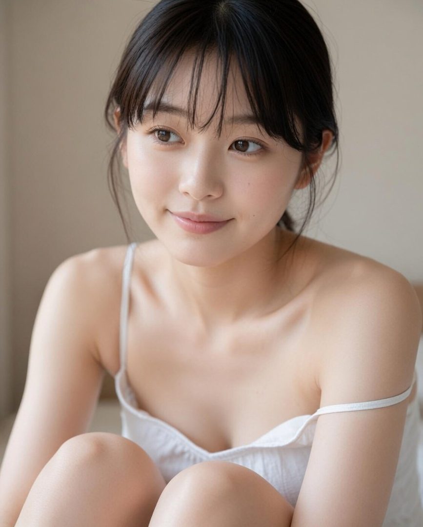 A young East Asian woman with black hair and bangs, wearing a white camisole, looking to the side with a gentle smile. The image has a soft, indoor lighting.