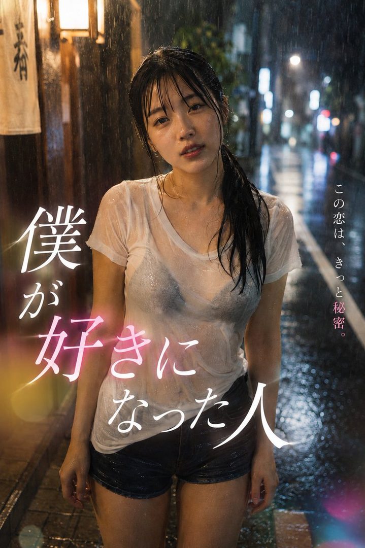 A young woman in a wet white t-shirt and shorts stands on a rainy city street at night.