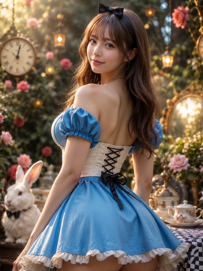 A young woman in an Alice in Wonderland costume poses in a whimsical garden setting with a rabbit and teacups.