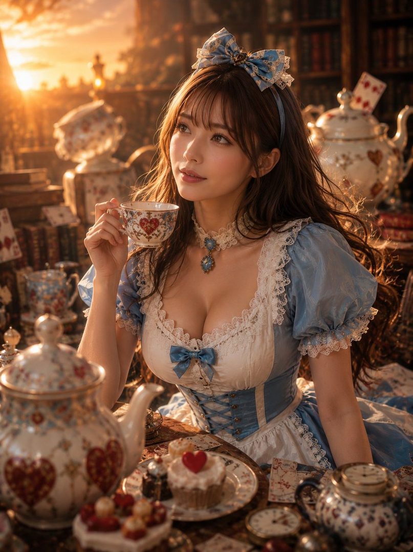 A young woman dressed as Alice in Wonderland, holding a teacup and sitting at a table with teapots and cakes, with a golden sunset in the background.