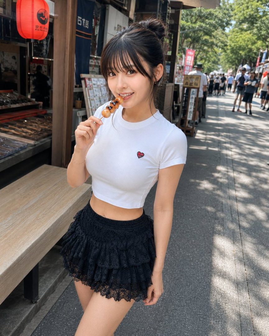 A young woman with her hair in a bun, bangs, wearing a white crop top and a black lace skirt, eating dango on a street.