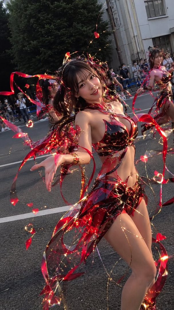 A young woman in a revealing red and black outfit with flowing ribbons and lights poses playfully on a street during a festival or parade.