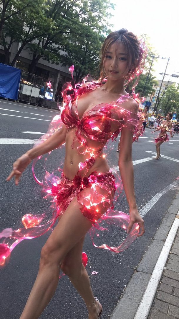 A woman in a sparkling pink outfit poses on a street, with a blurred background of trees and buildings.