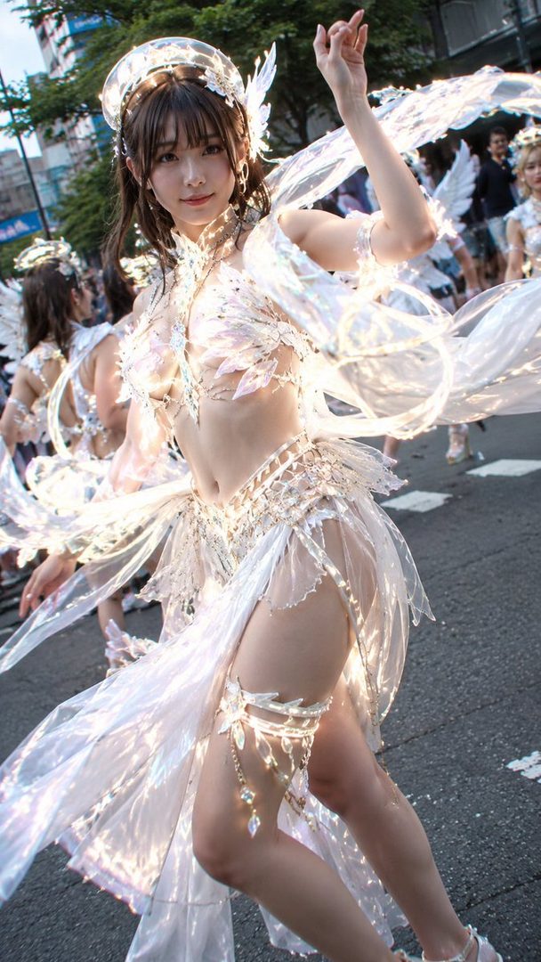A young woman in a white, ethereal costume with wings and sparkling details, posing outdoors in what appears to be a parade or festival.