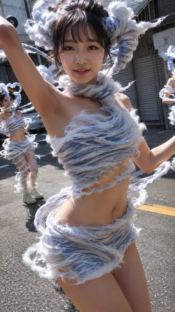 A young woman in a unique, shredded white and blue costume with elaborate hair ornaments poses outdoors on a street.