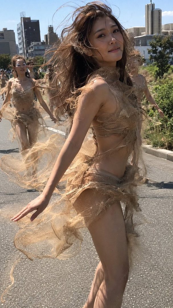 A group of women in flowing, sheer dresses walk down a street, with the main subject in the foreground looking towards the camera.