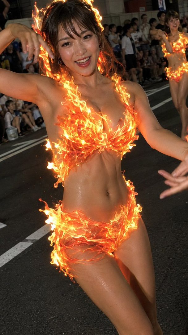 A woman in a fiery bikini dances in the street at night, with another woman in a similar outfit in the background.