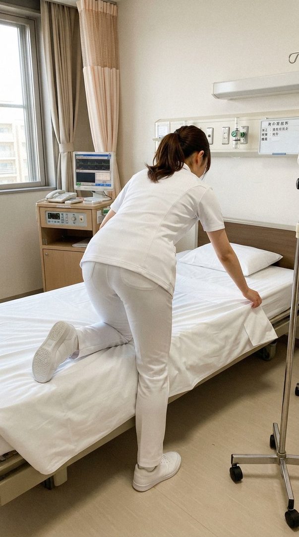 A nurse in a white uniform is making a hospital bed.