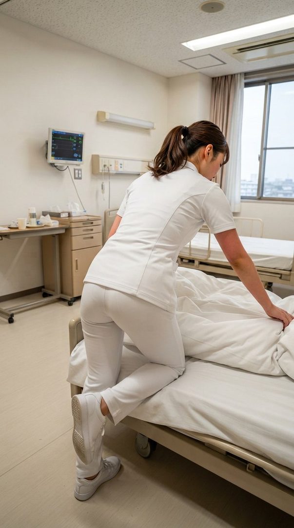 A nurse in a white uniform is making a hospital bed.