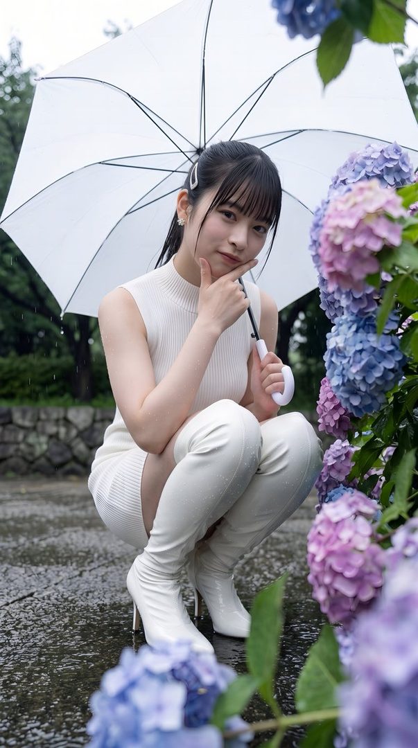 A young Japanese woman in a white sleeveless dress and white thigh-high boots crouches under a white umbrella, surrounded by hydrangeas on a rainy day.