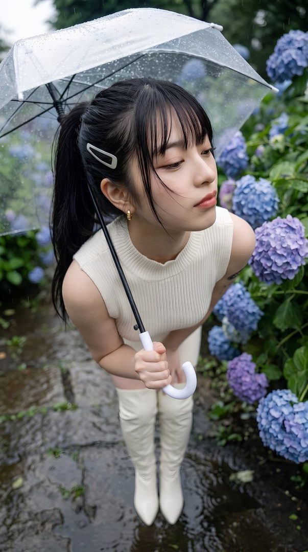 A young Japanese woman with black hair in a ponytail, wearing a cream-colored sleeveless top and white thigh-high boots, holds a clear umbrella while standing among purple hydrangeas in the rain.
