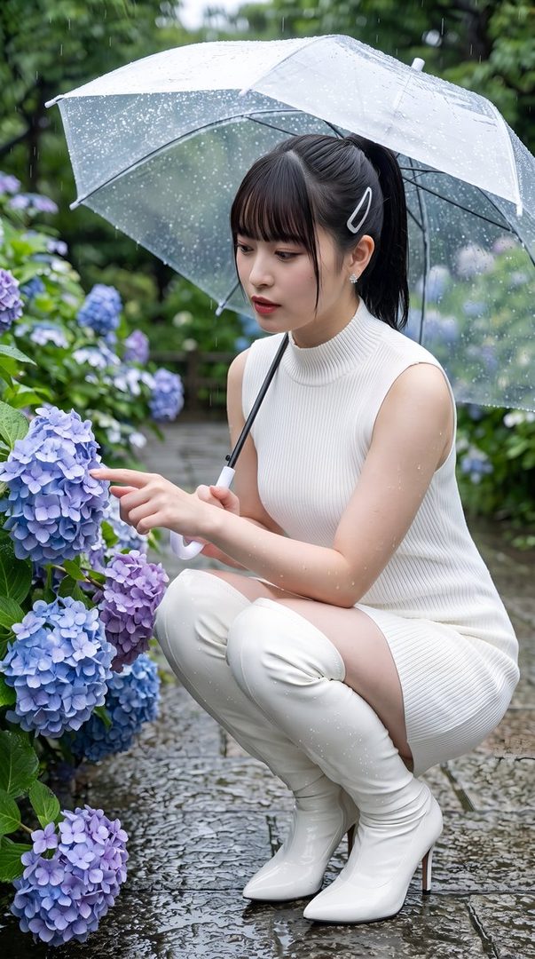 A young woman in a white sleeveless dress and white thigh-high boots crouches under a clear umbrella, touching a purple hydrangea in the rain.