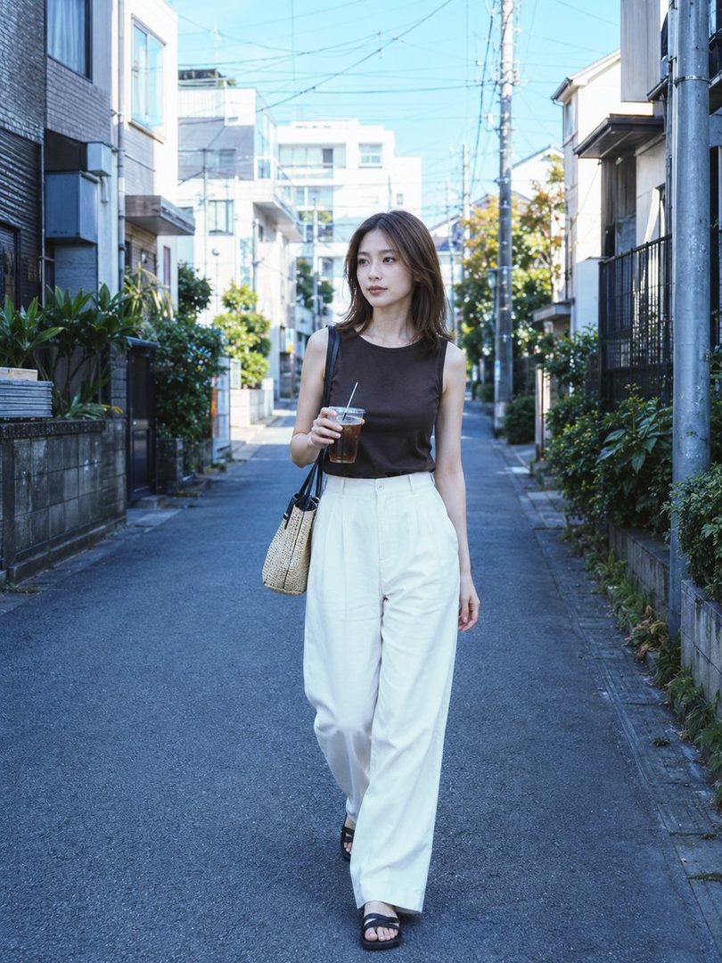 A young East Asian woman walks down a residential street, holding a drink and a straw bag, wearing a brown sleeveless top and white wide-leg pants.
