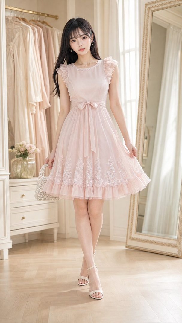 A young East Asian woman with long black hair, wearing a light pink ruffled dress and white high heels, stands indoors in front of a mirror and clothing rack.