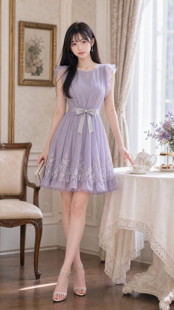 A young woman with long black hair, wearing a light purple dress with ruffled sleeves and floral embroidery, stands indoors.