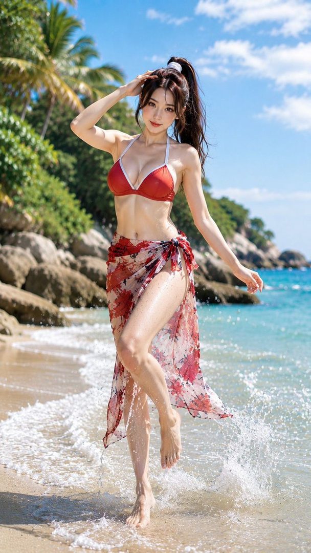 A woman in a red bikini and a floral sarong walks on a beach, with palm trees and the ocean in the background.