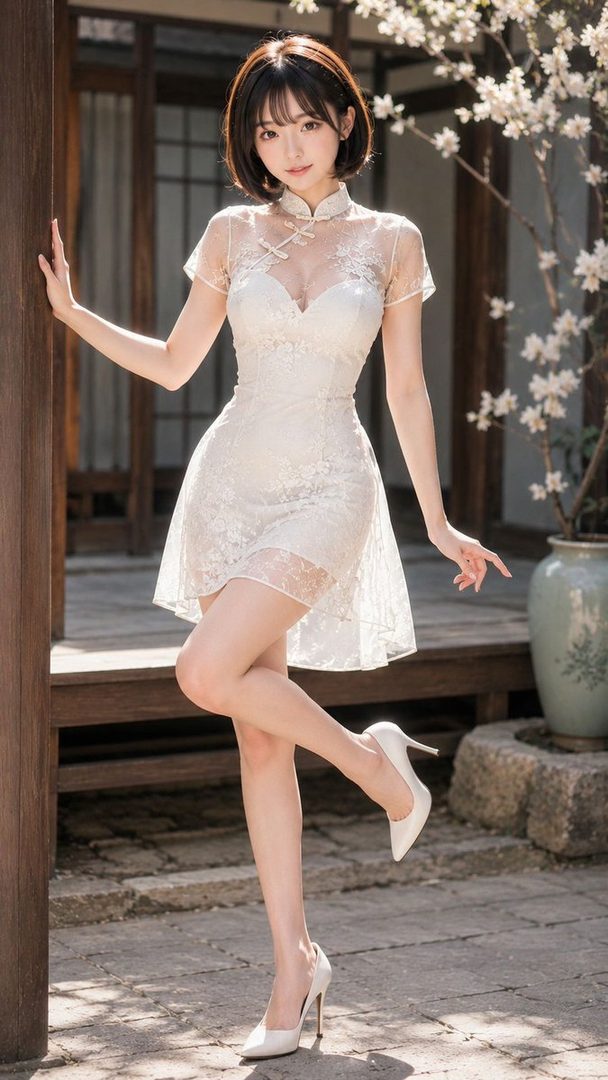 A young East Asian woman in a short white lace dress and high heels poses outdoors.