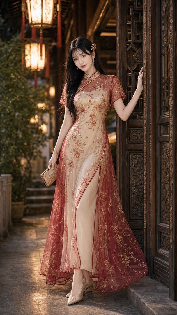 A beautiful East Asian woman in a traditional red and gold embroidered qipao dress stands elegantly outdoors.