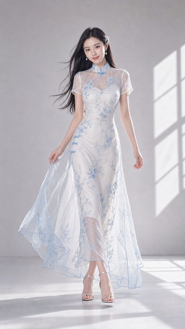 A young East Asian woman with long black hair, wearing a white and blue embroidered qipao dress, posing elegantly in a studio setting.
