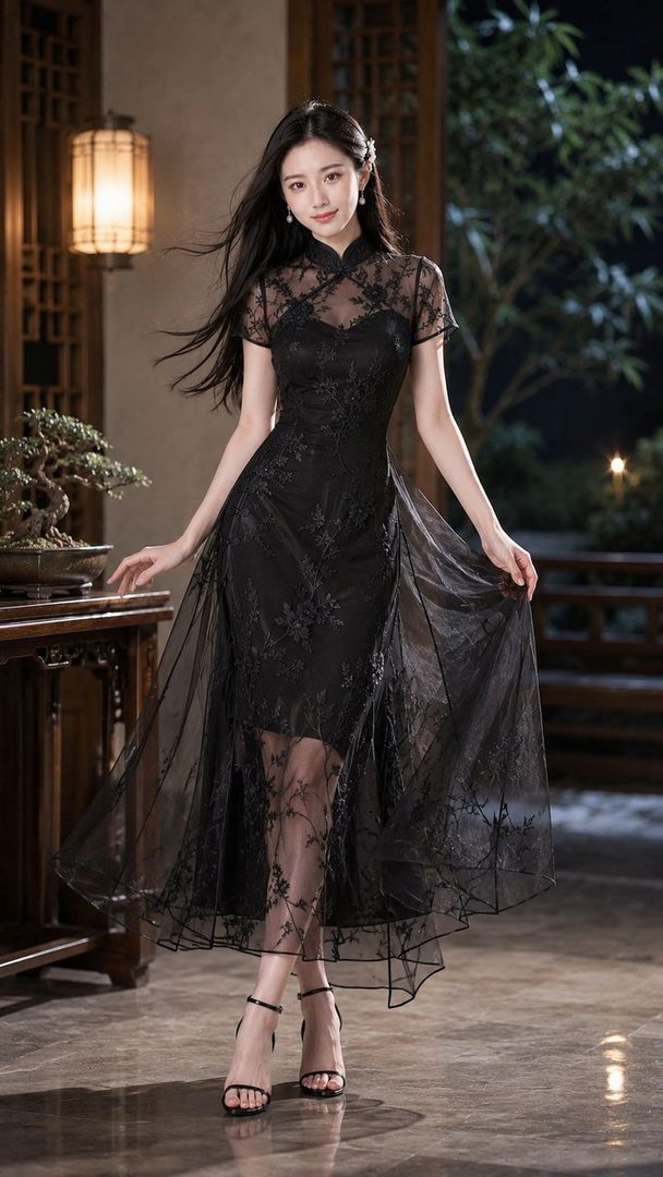 A young East Asian woman in a black lace qipao dress stands elegantly indoors, with traditional Japanese-style decor in the background.