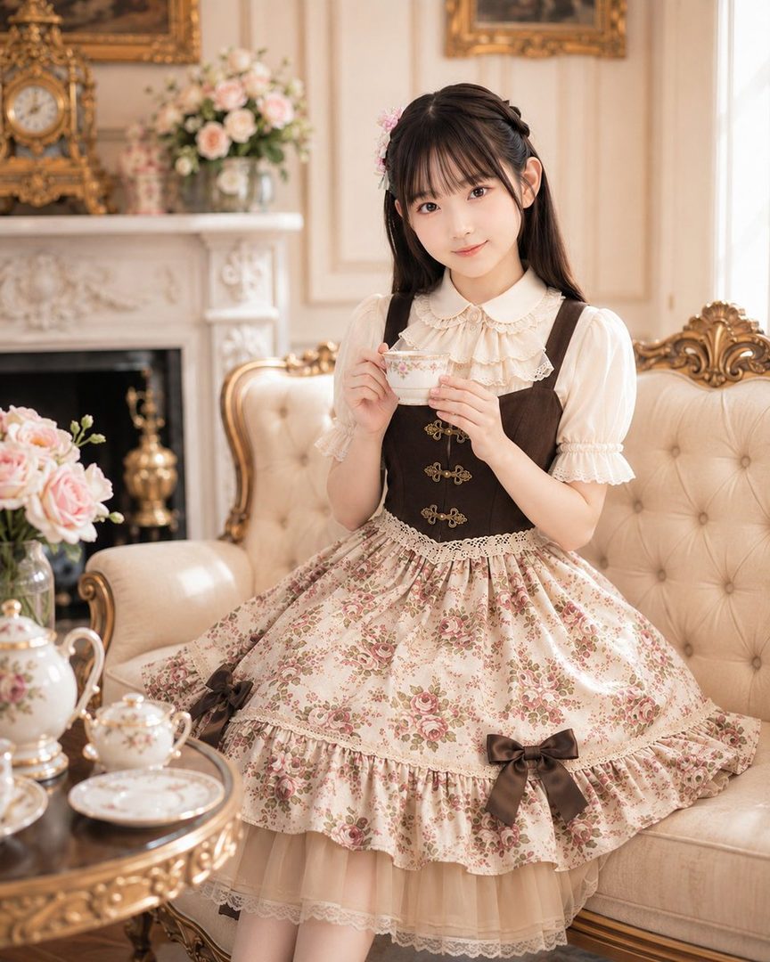 A young woman in a floral Lolita dress sits on a vintage sofa, holding a teacup.