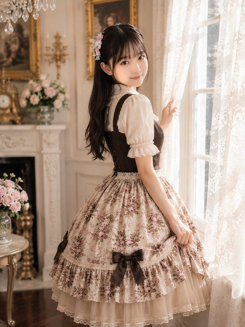 A young woman in a vintage floral Lolita dress poses indoors by a window, holding the hem of her skirt.
