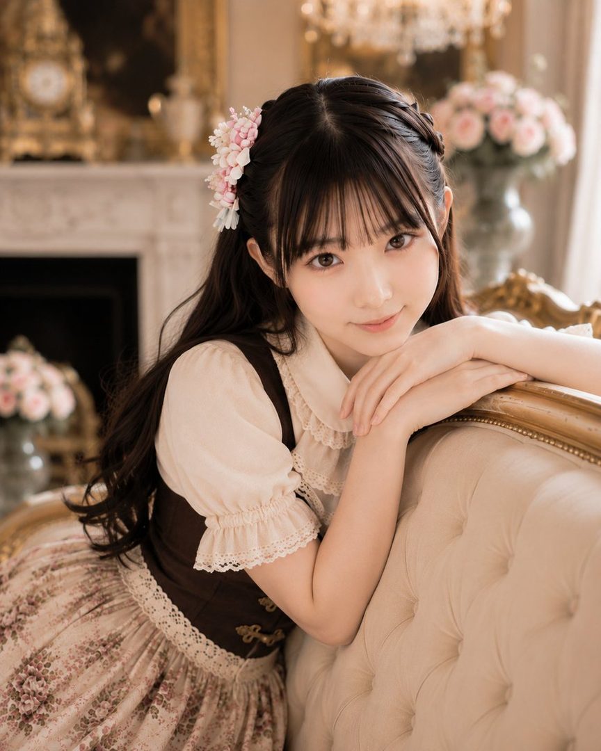A young woman with long black hair and bangs, adorned with pink flowers, poses elegantly in a vintage-style dress indoors.