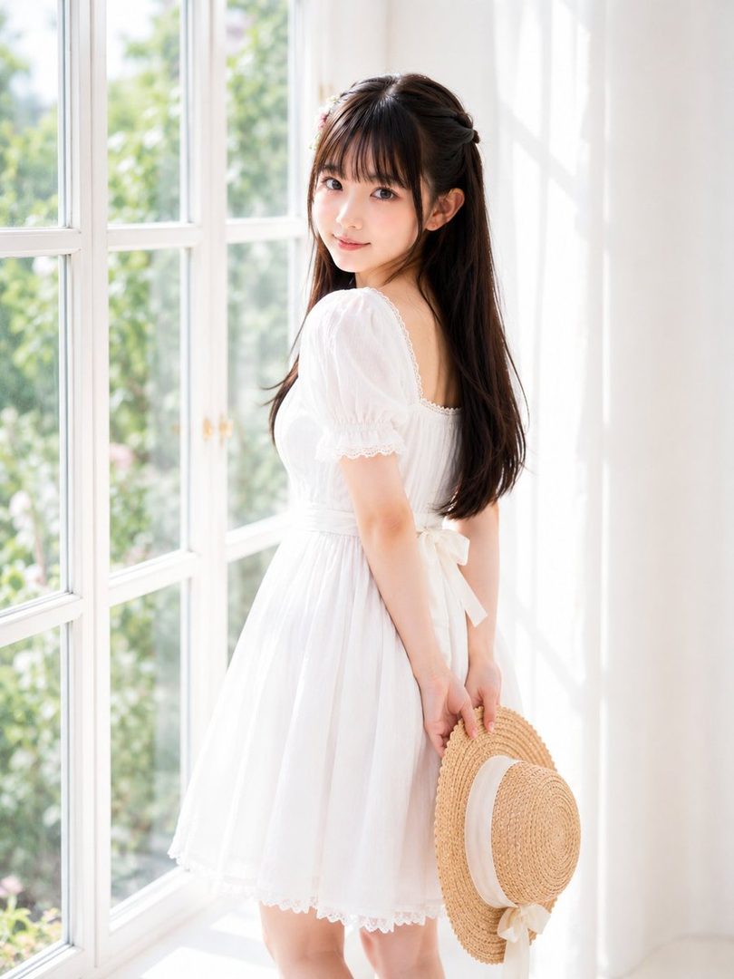 A young woman with long dark hair and bangs, wearing a white puff-sleeve dress, stands by a window holding a straw hat.
