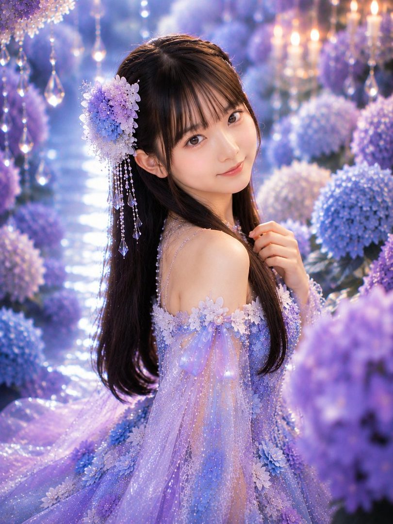 A young woman with long dark hair and bangs, wearing a sparkling purple and blue dress adorned with flowers and crystals, posing elegantly amidst a backdrop of purple hydrangeas and hanging crystals.