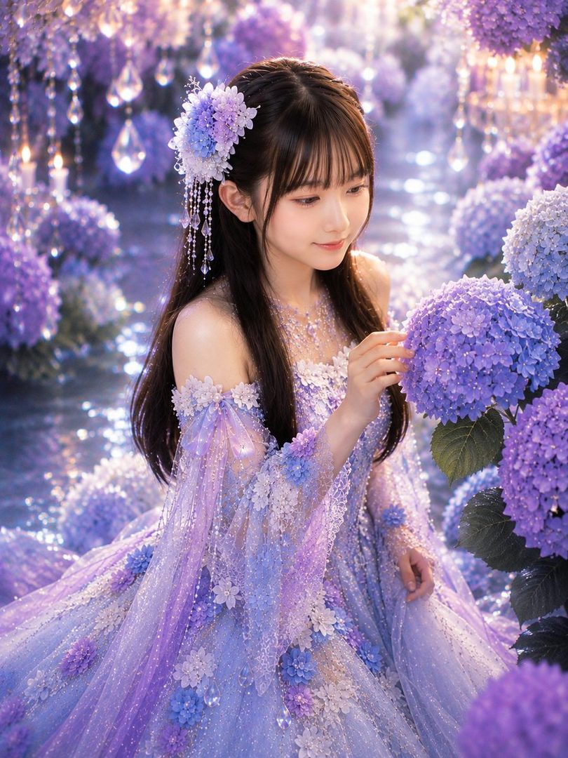 A young woman in a beautiful purple and blue floral dress, with long dark hair adorned with flowers, posing in a garden setting with hydrangeas.